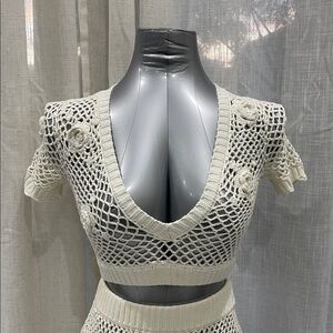 Frankie's Bikinis Cream Crochet V-Neck Cover-Up Top